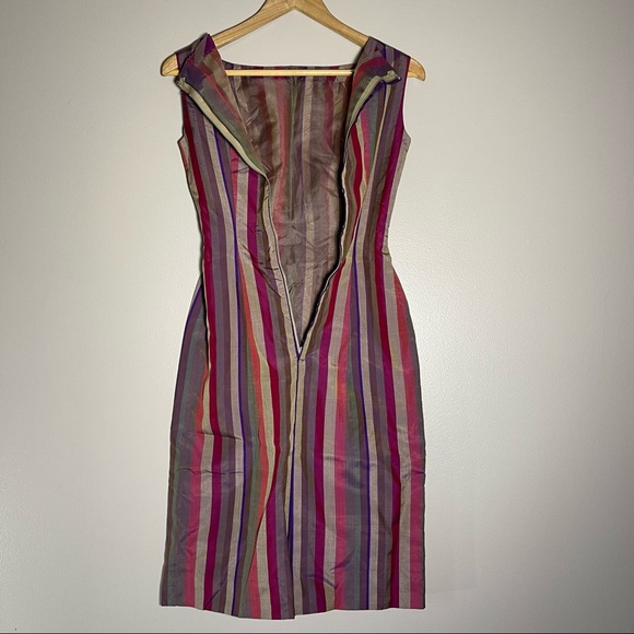 VTG 50s 60s Silk Striped Multicolored Stripes Handmade Dress Sheer Lining Lk New - Picture 4 of 16